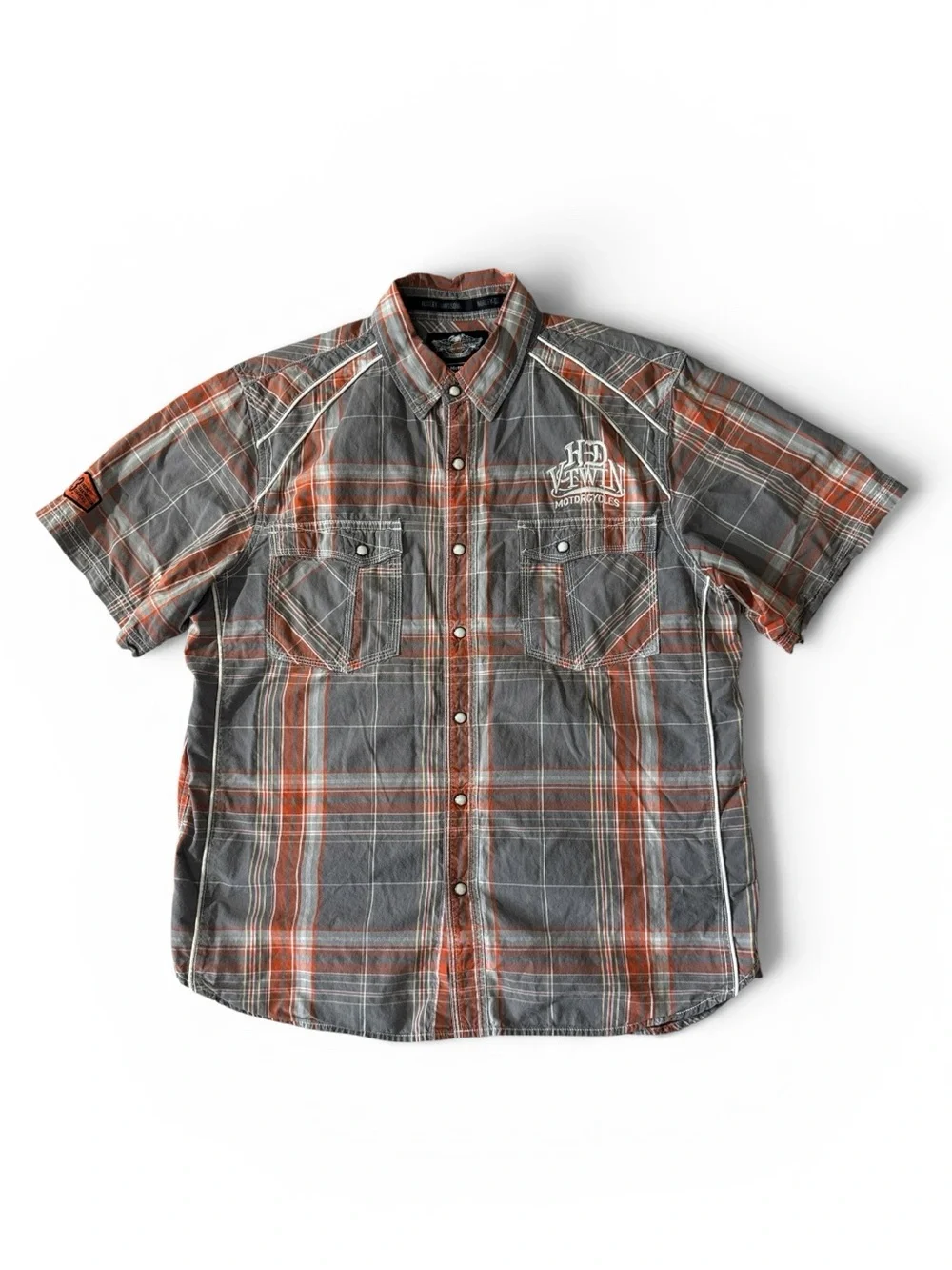 Harley Davidson men XL orange gray plaid pearl snap short sleeve button up shirt